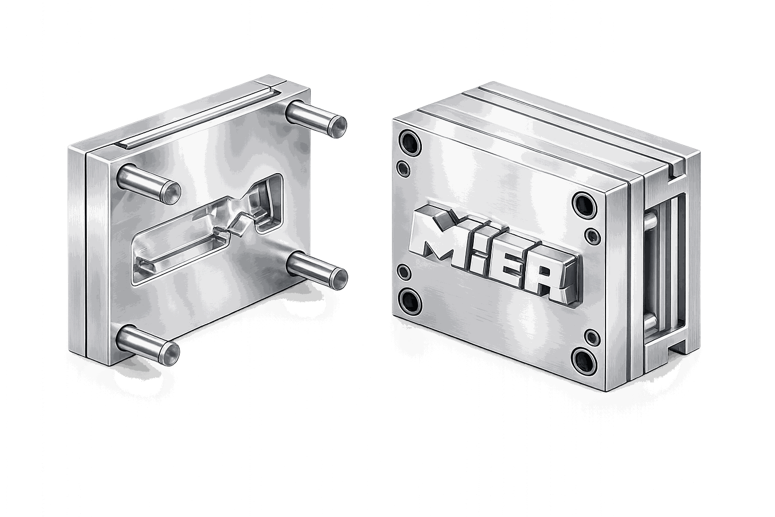Two halves of a mold with the MIER mark cut into the cavity