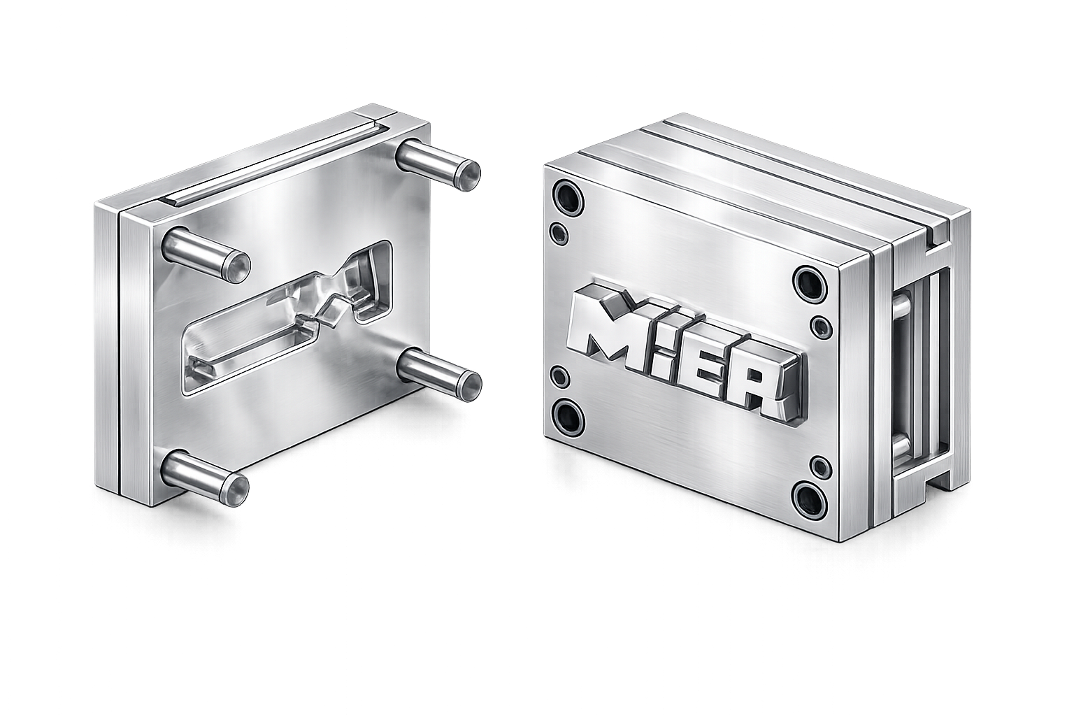 Two halves of a mold with the MIER mark cut into the cavity